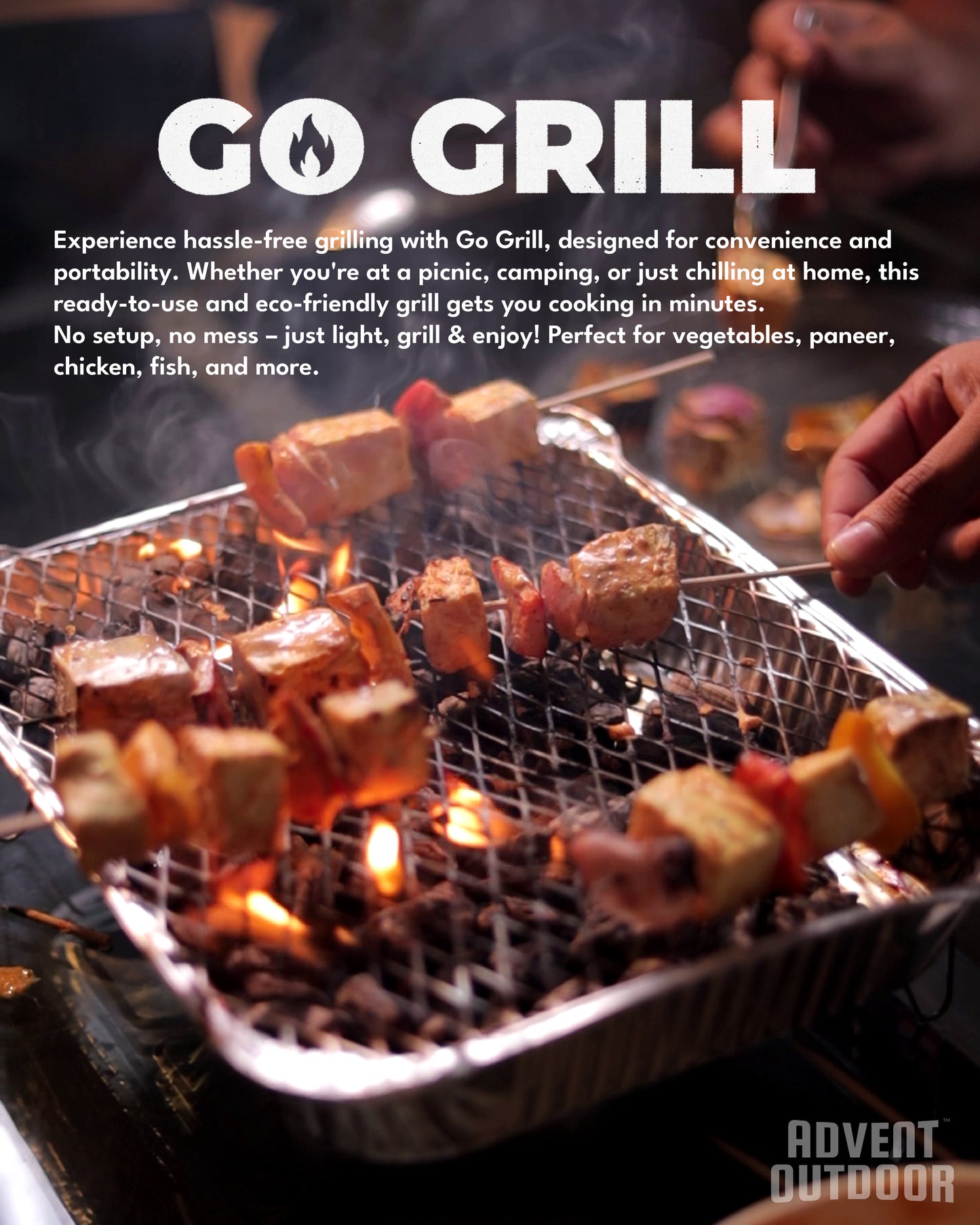 Go Grill BBQ kit actively grilling paneer and veggies with visible flames, demonstrating instant outdoor cooking and ease of use by Advent Outdoor