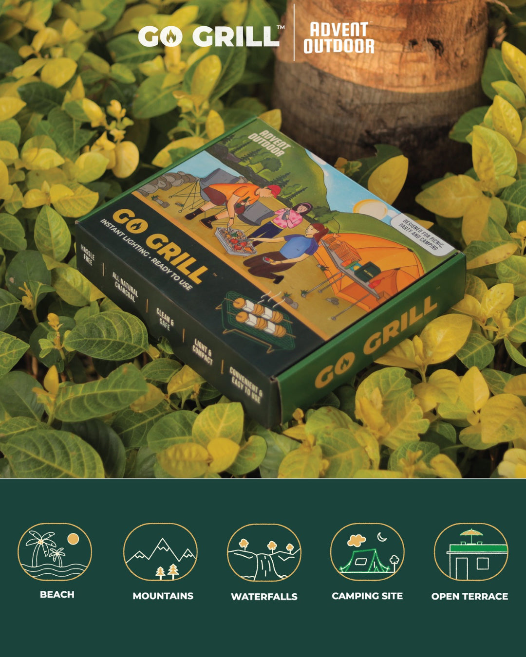 Advent Outdoor Go Grill packaging surrounded by leaves, highlighting versatility for grilling at beach, mountains, waterfalls, and terraces