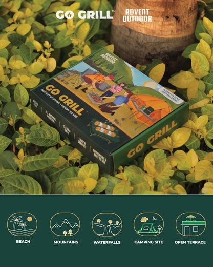Advent Outdoor Go Grill packaging surrounded by leaves, highlighting versatility for grilling at beach, mountains, waterfalls, and terraces