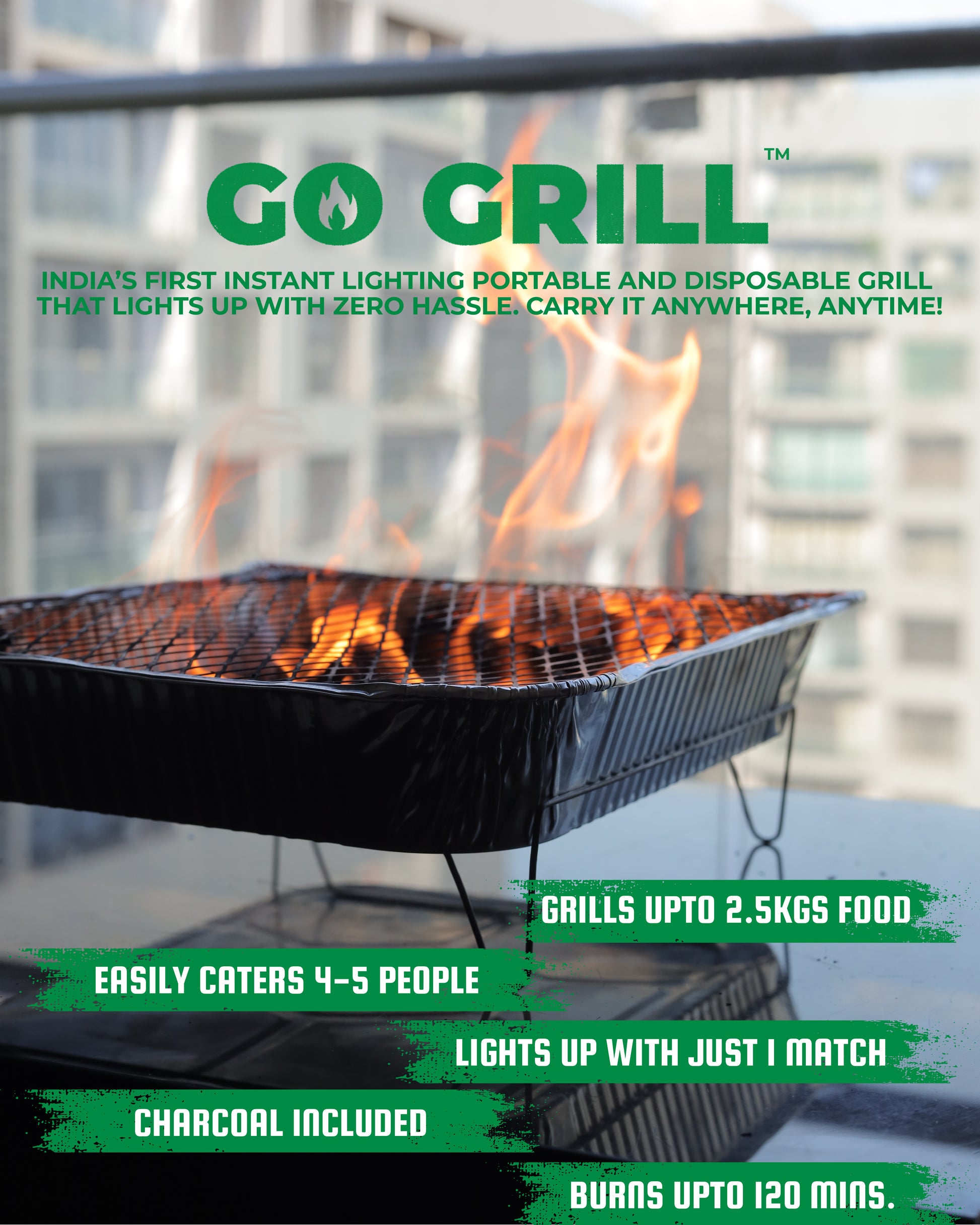 Go Grill disposable BBQ with high flames on a balcony, showcasing key features like 2.5kg grilling capacity, 120-minute burn time, charcoal included, and one-match ignition — perfect for urban grilling.